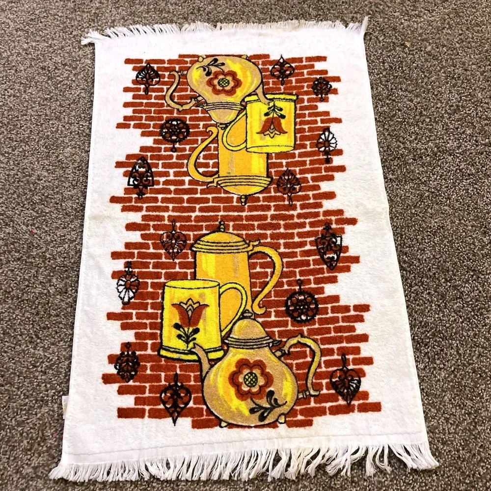 VTG CANNON Hand Kitchen Towel Fringe 70s NOS Tea Mug Kettle Brick Flower‎ Yellow